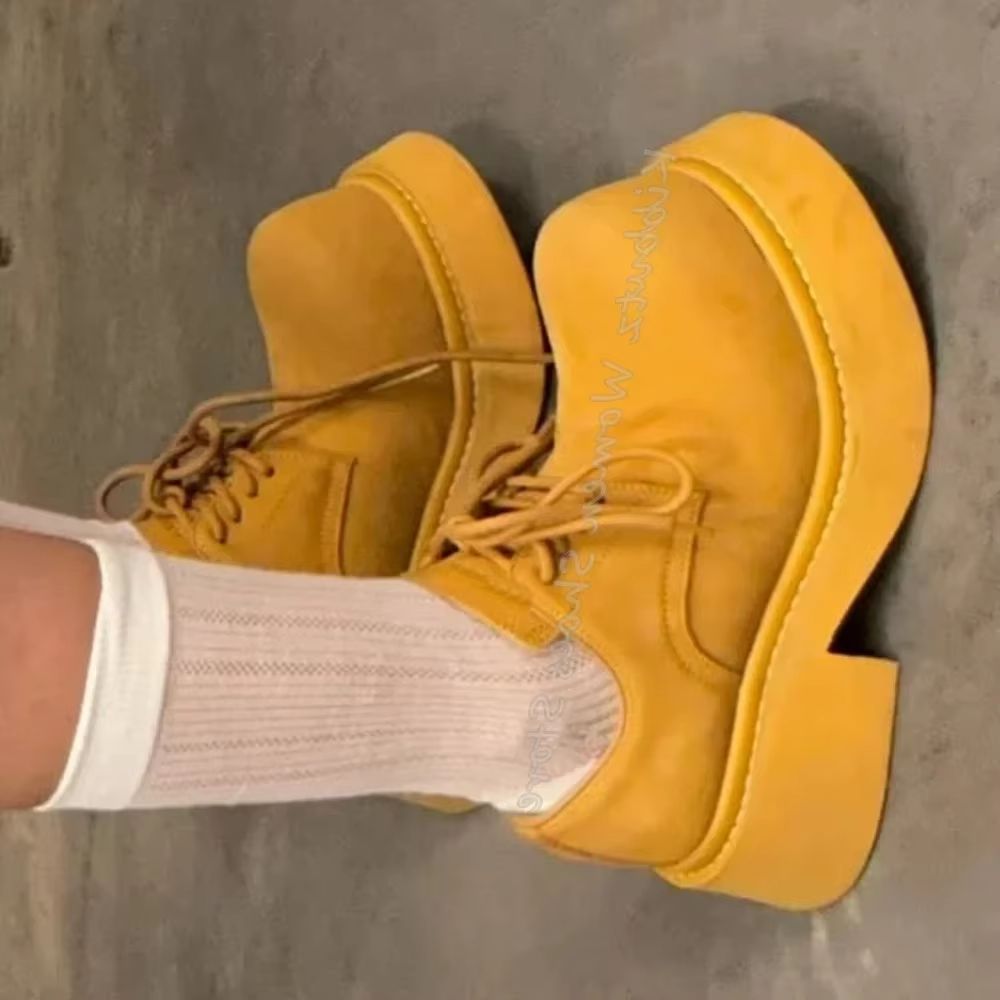 Women Shoes Boots - Big Head Pumps Lace-Up Chunky Heels